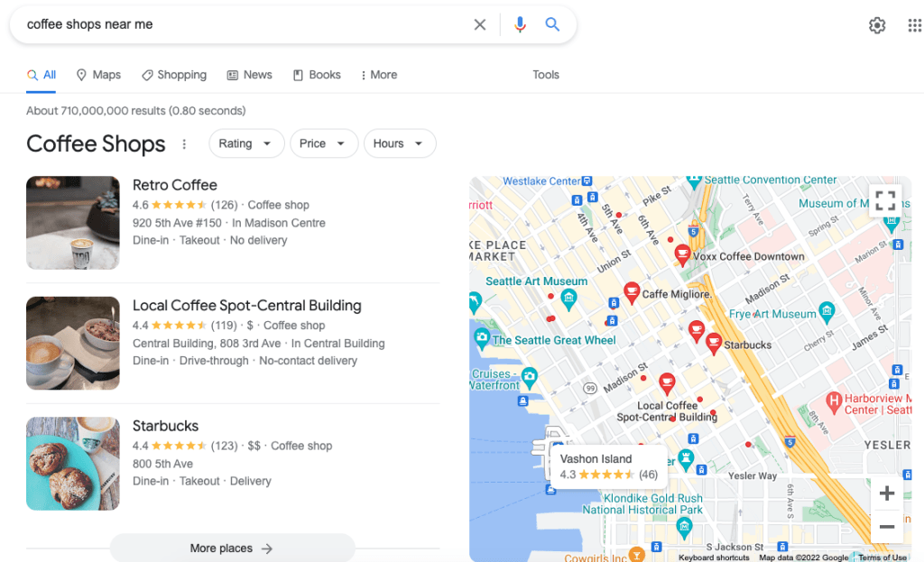 Local SEO search of nearby coffee shops