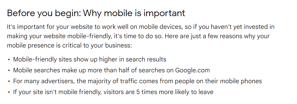 Screenshot from Google showing the importance of Mobile Friendly sites