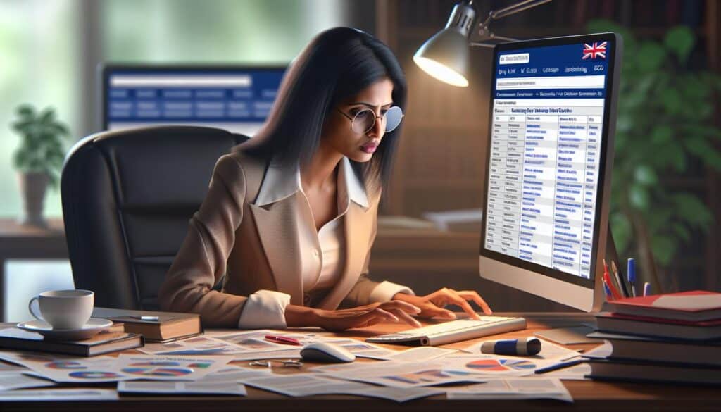 A woman sitting at a desk looking at a computer screen displaying top UK directories with a British flag on it.