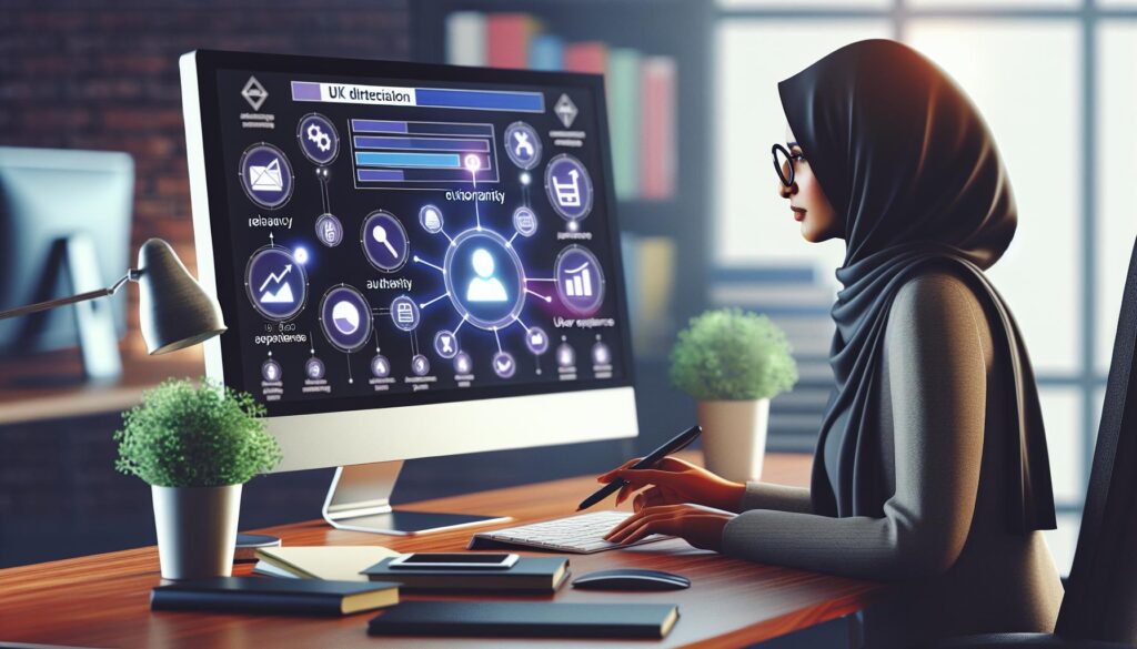A woman in a hijab is working on a computer while browsing top UK directories.