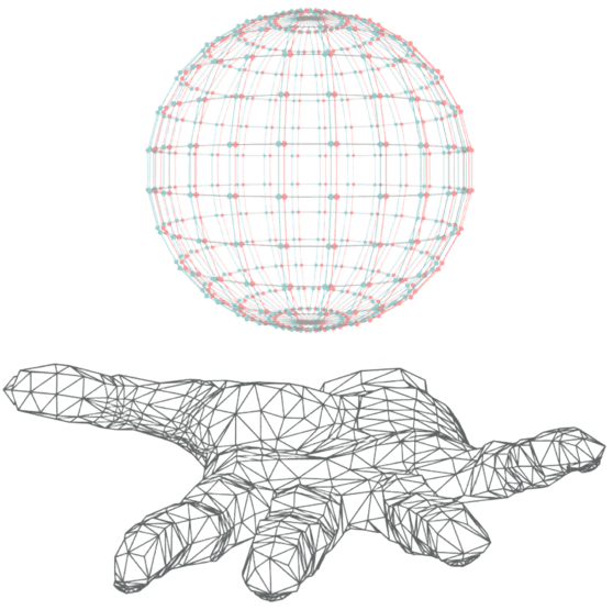 Color Distorted Wireframe Globe in Wireframe Palm Up Hand